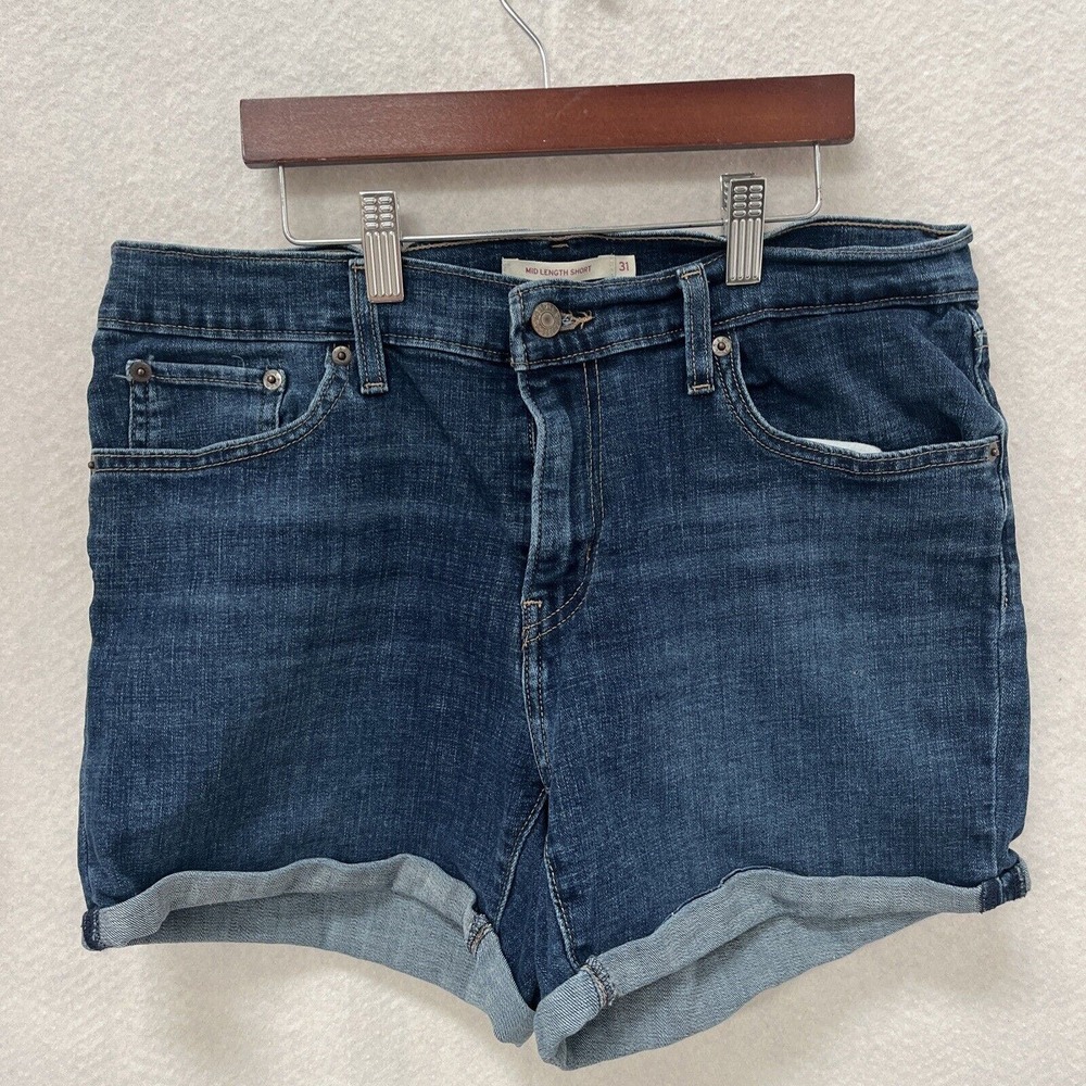 LEVI'S Women's Denim Shorts Mid Length Soft Med Wash waist 31 Cuffed size 12